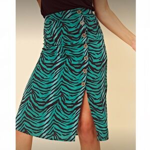 Green and Black Zebra Print Button Slit Midi Skirt
